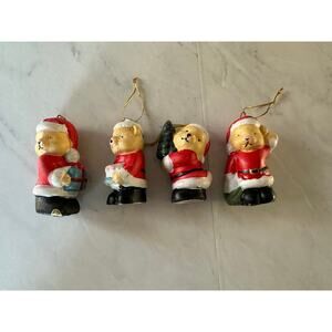 Set of 4 ceramic Christmas Teddy bear ornaments santa tree wreath miniature